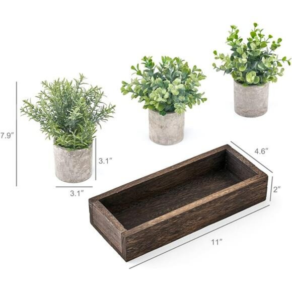 Set of 3 mini potted artificial eucalyptus plants with wood tray farmhouse decor - Picture 3 of 7